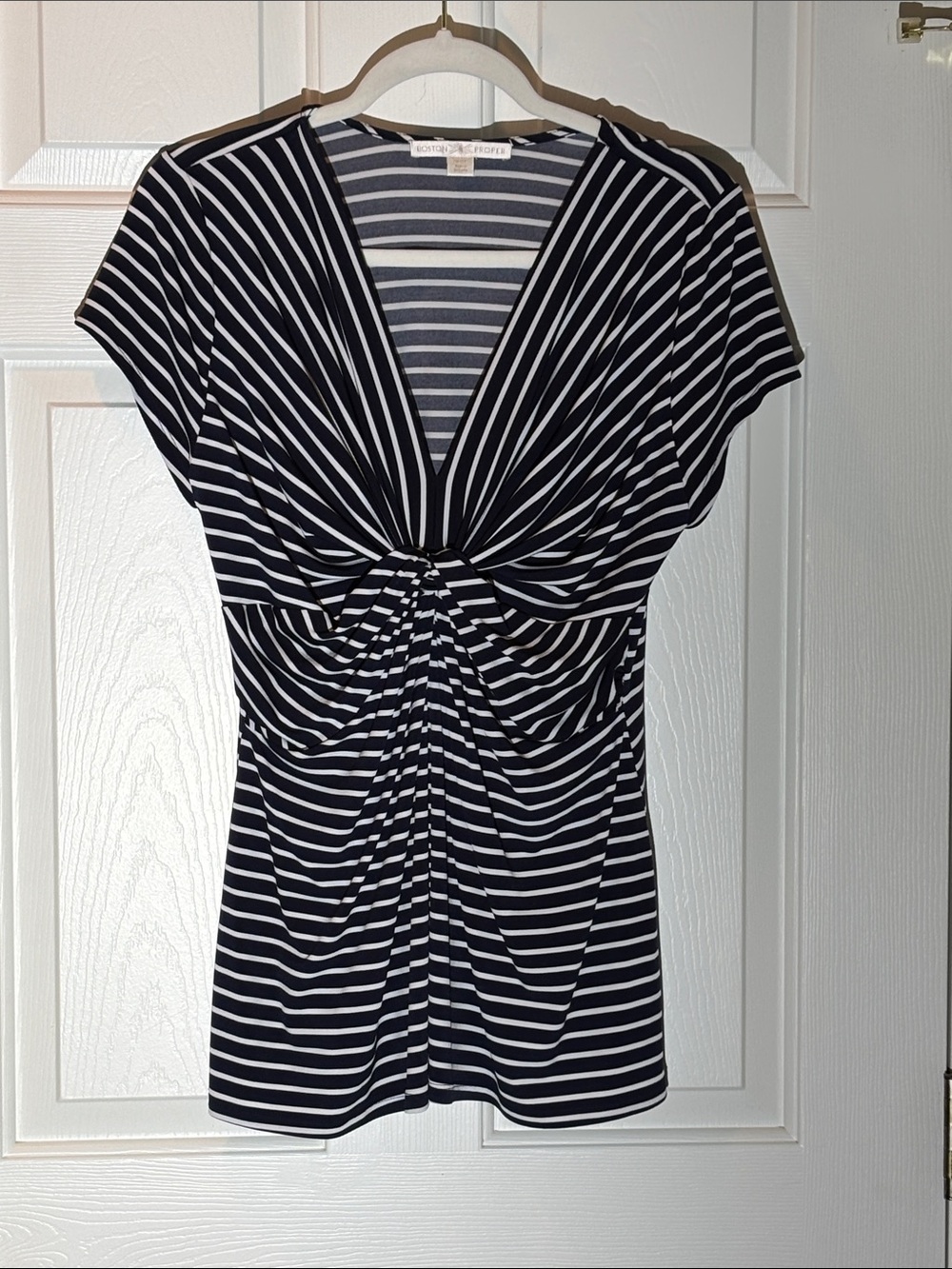 Boston Proper Navy & White Striped Twist-Front V-Neck Top
